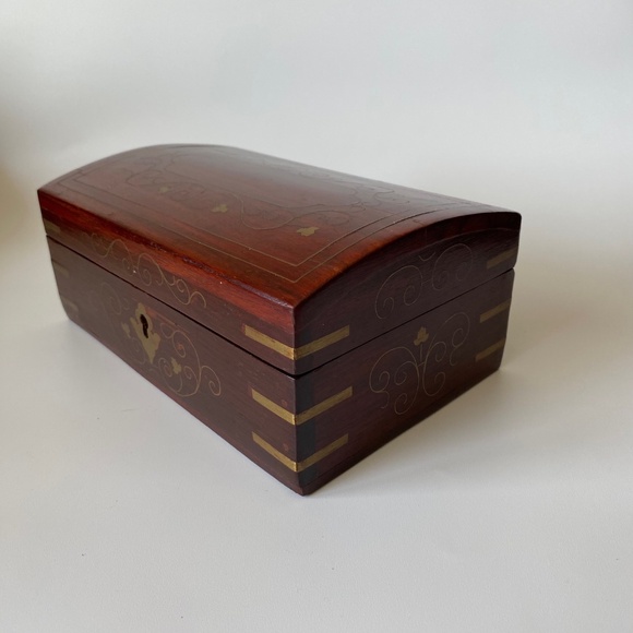Vintage Jewelry Box Wood with Inlaid Brass Decor - Picture 5 of 10